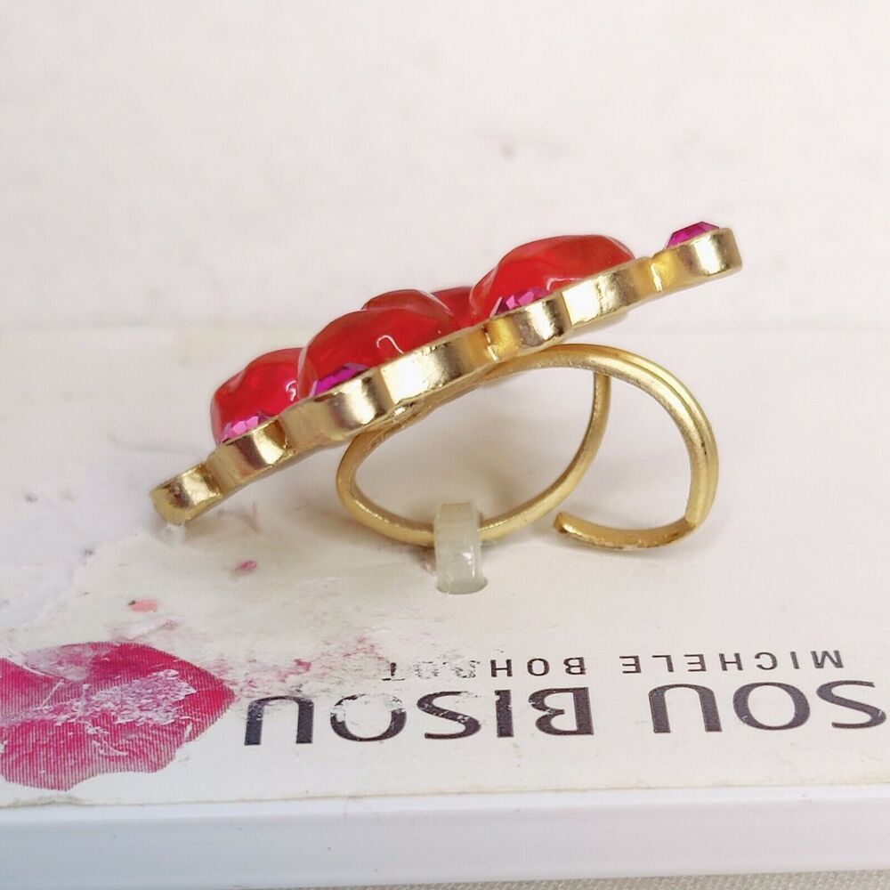 Bisou Bisou Vtg Red & Orange Sizable Gold Tone Cocktail Ring 90s Costume Jewelry - Picture 6 of 6